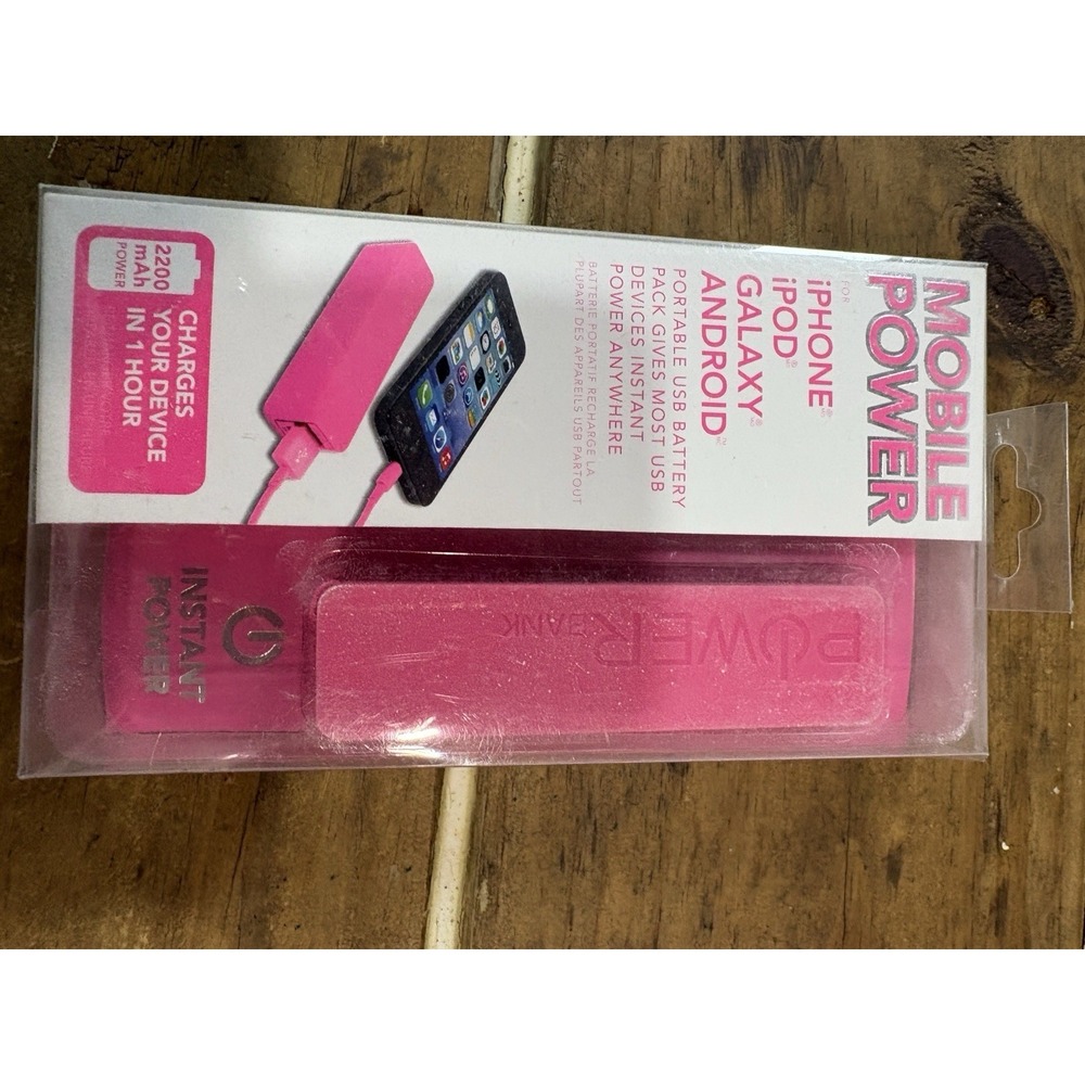 Instant Power 2200mAh Pink USB Power Bank for iPhone Galaxy w/ Keychain Strap